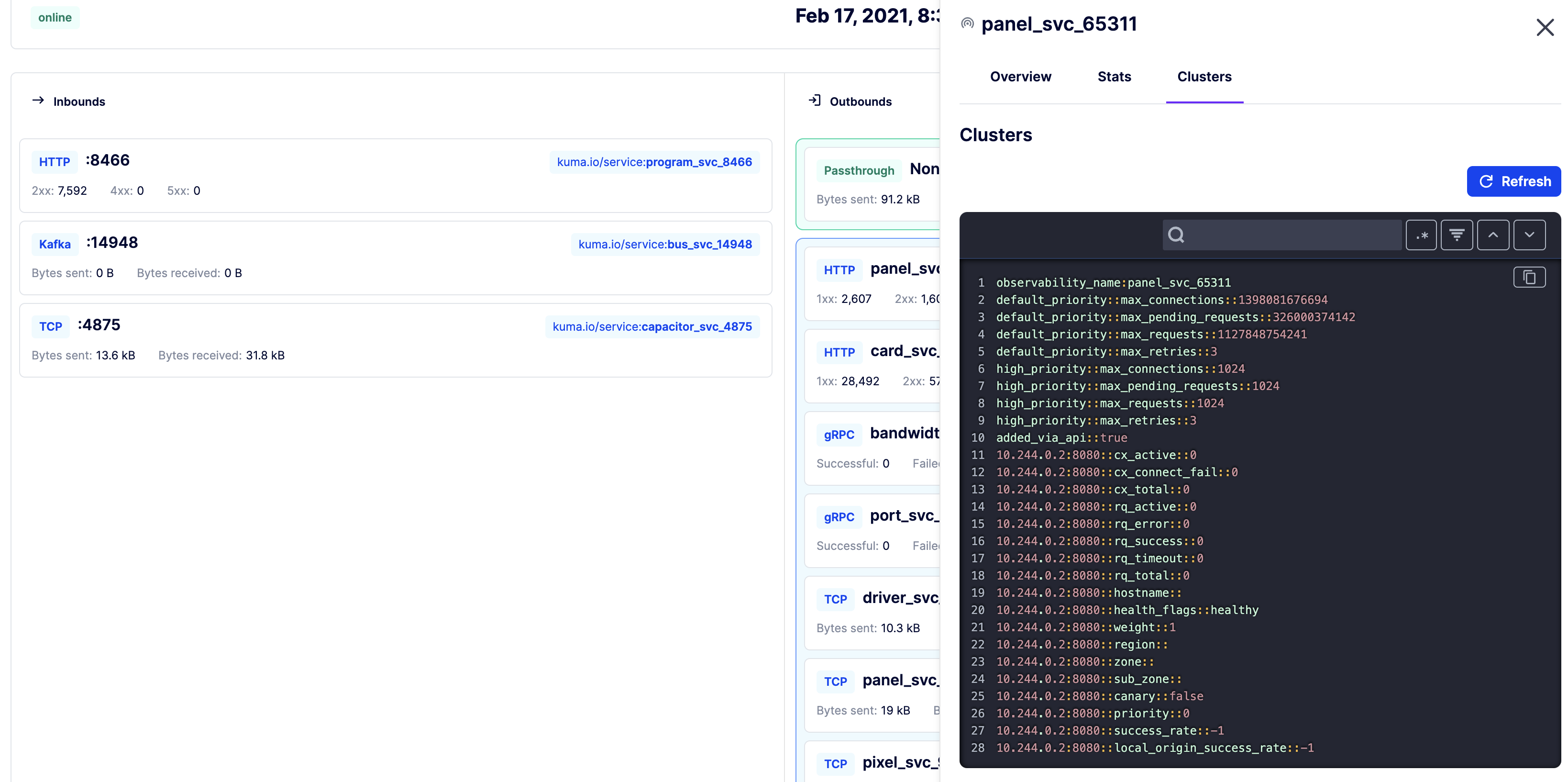 The dataplane view when clicking on an outbound